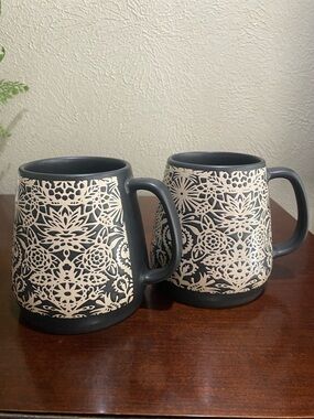 Set of 2, Large Opal House Stoneware Mallorca Mugs in Black and Cream